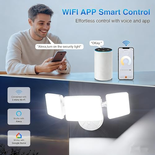 Onforu 100W Smart Flood Lights Outdoor, 3 Adjustable Heads, 9000LM Dimmable Hardwired Security Light, WiFi Alexa Control Floodlight, 2700K-6500K Tunable by Onforu - Used condition - Image 3