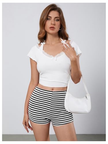 Image of MakeMeChic Women's Summer Crochet Shorts Striped Knit Pajama Micro Mini Shorts Lounge Bottoms