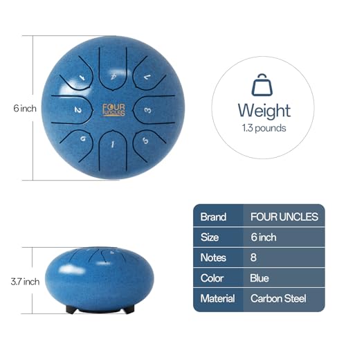 FOUR UNCLES Rain Drum for Outside, Steel Tongue Drum -6 Inch 8 Notes - Hand Pan Drums with Travel Bag,Music Book & Mallets, Musical Instruments Gifts for Family and Friends