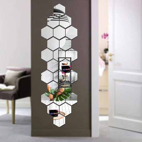 Image of Bikri Kendra - Hexagon 24 Silver Mirror Stickers for Wall, Acrylic Mirror, Wall Decor Sticker for Hall Room, Bedroom, Kitchen