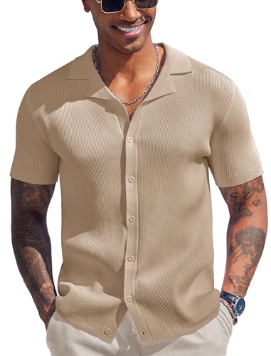 Coofandy Mens Knit Polo Shirts Short Sleeve Vintage Sweater Polo Casual Button Down Polo Shirt Summer Beach Vacation Outfits Fashiontops Khaki cover