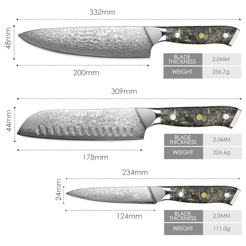 Home Safety Set di Coltelli da Cucina, 3 Pezzi, 67 Strati Acciaio Damasco, Coltello Chef, Santoku, Frutta, 12,4-20 cm, Professionale, Ergonomico - immagine 3