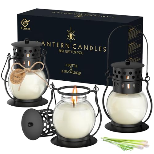 Citronella Candles Outdoor 3 Pack, Vintage Metal Lantern Soy Wax Candles