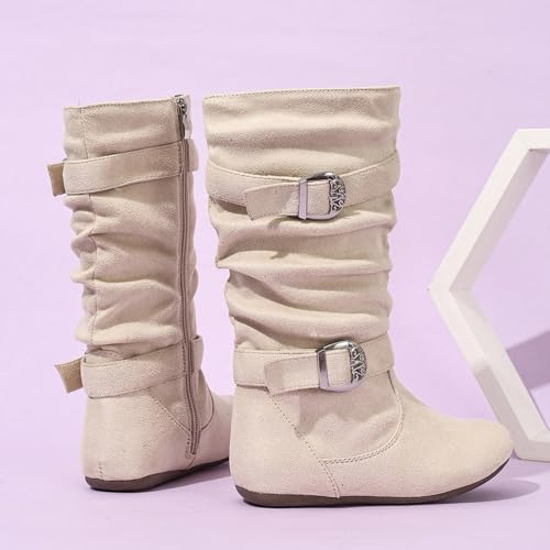 Mid Calf Boots for Girls Cute Two Buckle Zipper Flat Heel Boot Shoes Girl's Slouchy Slip On Casual Boots Round Toe Riding Boot for Fall Winter Spring4