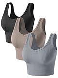 Tank Tops for Women Workout - Women’s Crop Top V Neck Fitted Tanktops Basic Ribbed Black Grey Khaki Cropped for Yoga, Sports Gym Running Woman Seamless Casual Athletic Toos (P055 Bl/Gr/Kh M)