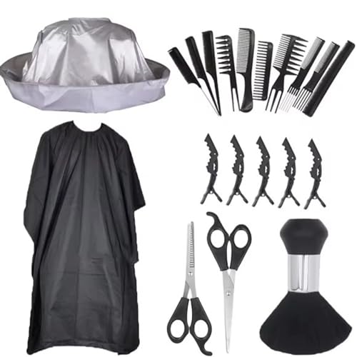 Generic Professional Hairdressing Kit 20 Pieces: Scissors, Combs, Umbrella Cape, Apron and Accessories for Barbers and Stylists, Black/Silver