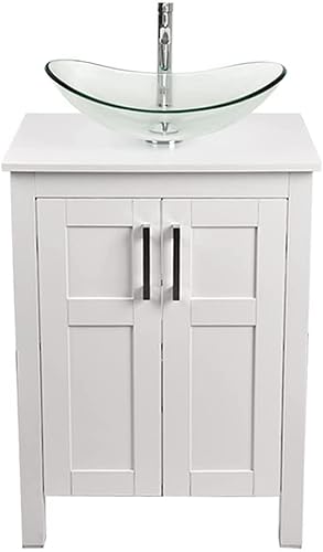 Yourlite 24 Inches Traditional Bathroom Vanity Set In White Finish, Single Bathroom Vanity With Top And 2-Door Cabinet, Boat Tempered Glass Clear Sink Top With Single Faucet Hole #TOP6