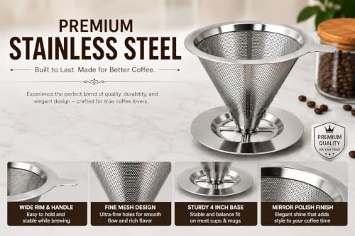 Image of Stainless Steel Pour Over Coffee Filter | Reusable Paperless Fine Mesh Coffee Dripper with Wide Rim & Handle | 4 Inch Stable Base | Manual Coffee Maker for Home, Office & Travel