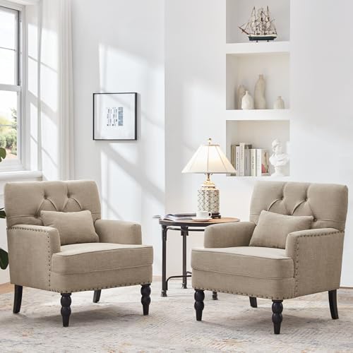 HUIMO Tufted Club Chair Set of 2 with Lumbar Pillow,Accent Chair Upholstered Button Armchair, Linen Fabric Sofa Chairs for Bedroom, Living Room, Mid Century Modern Reading Chair,Brown