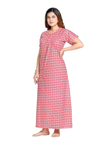Image of PNAEONG Women's Printed Cotton Nighty, Gown Maxi - Free Size Peach