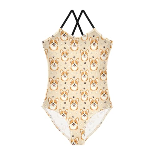 senya Girls Swimsuits One-Piece Swimwear Tie Bathing Suit Beach Summer Round Neck 5-6T Cute Dog Bone Footprint Pattern