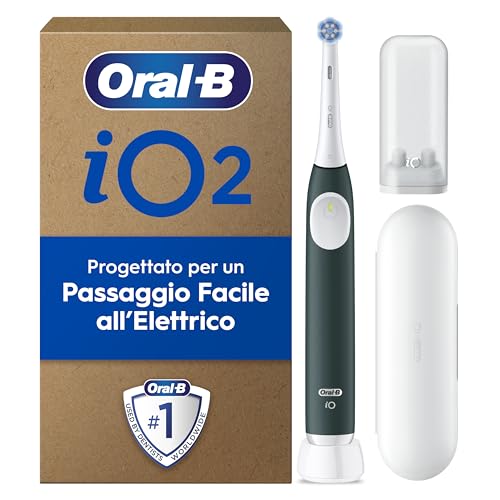 Oral-B iO 2 Spazzolino Elettrico Oral B, Verde, 1 Testina Di Ricambio, 1 Spazzolino, Custodia Da Viaggio, Supporto per Testine, Delicato sulle Gengive, Efficace sulla placca, Sensore di Pressione