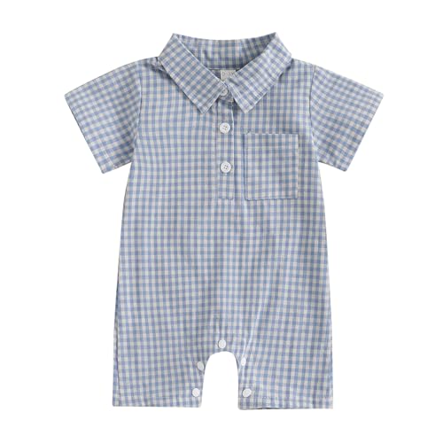 Geagodelia Infant Baby Boy Summer Romper Newborn Baby Boys' Full Length Jumpsuit Short Sleeve Lapel Plaid Print Button-Down Bodysuits for Baby Boy Clothes Outfits (Blue Gray, 3-6 Months)