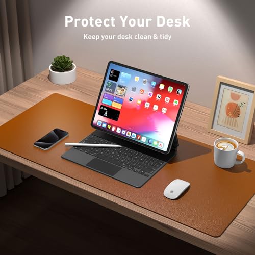 Image of Aothia Leather Desk Pad Protector, Mouse Pad, Office Mat, Non-Slip PU Leather Blotter, Laptop Pad, Waterproof Writing Pad for Office and Home (17 inchx48 inch, Brown)