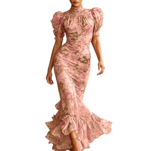 Vestido de verano para mujer, elegante, floral, línea A, largo, envolvente, estilo victoriano, mangas abullonadas, volantes, coctelera, bohemio, ligero, aireado, playa, fiesta, festivo, invitado de