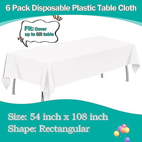 Image of tujol White 6 Pack Plastic Table Cloth 54 inch x 108 inch, Disposable Tablecloths Rectangle Table Cover, Plastic Tablecloths for Parties
