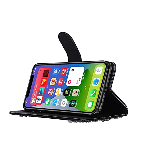 Girlyard Case For Iphone 12 / Iphone 12 Pro 6.1 Inch, Bling Rhinestone Pu Leather Wallet Case With Card Holder Flip Magnetic Kickstand Shockproof Protective Cover - Black, Butterfly Pearl Pendant #TOP2