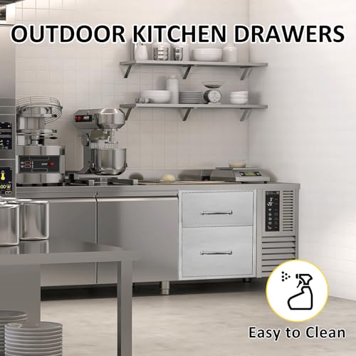 Image of Outdoor Kitchen Drawers 14 inch W x 21 inch H x 21 inch D Flush Mount Double BBQ Drawers with Chrome Handle Stainless Steel Drawer for Outdoor Kitchen Island, Patio Grill Station