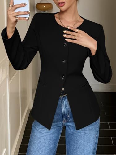 Cicy Bell Womens Business Casual Fitted Blazers Collarless Split Hem Work Office Button Down Suit Jackets2