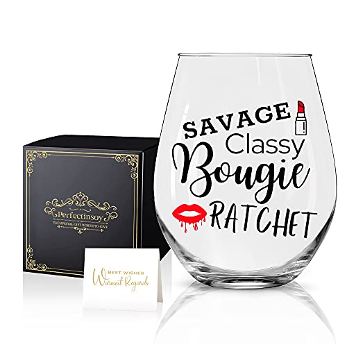 Perfectinsoy Funny Ratchet Stemless Wine Glass with Gift Box - Savage Classy Bougie Ratchet, Xmas Glass Gifts for Women Mom Aunt Girlfriend Lady Wife- Bestfriend Birthday Gifts for Women Sister Friend