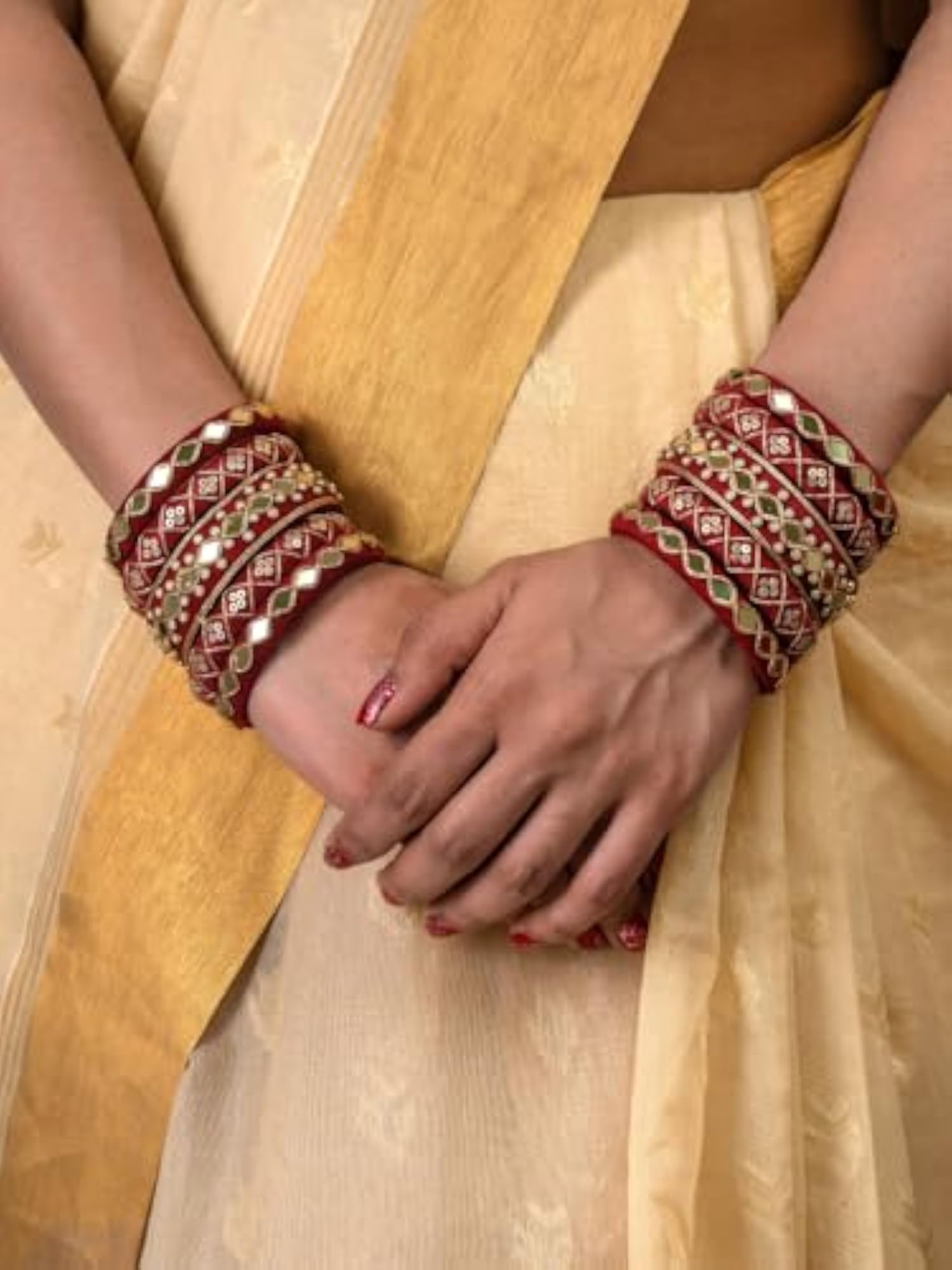 Handcrafted Maroon Mirror Work Cotton Thread Bangle Set for Women