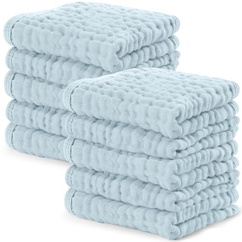 Image of Comfy Cubs Muslin Baby Washcloths 10 Pack - Soft 6-Layer Cotton Wash Cloths for Sensitive Skin - 10"x10" Large, Gentle, Absorbent Infant Essentials for Newborn and Toddlers - Sky Blue