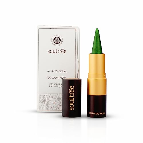 Image of SoulTree Ayurvedic Kajal | Moss Velvet Kajal 002 | Green Shade | Enriched with 100% Organic Ghee, Almond Oil & Camphor | Soothe, Cool & Nourish Eyes | 3gm