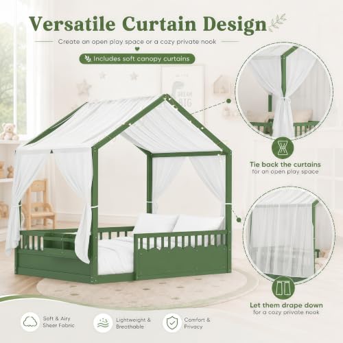 Image of Bellemave Full House BedFrame with Canopy, Montessori House Bed with LED and Bookshelf and Rails for Kids, Green