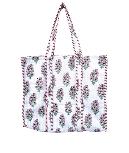 Image of Quilted Cotton Handprinted Reversible Large multicolor Floral Tote Bag,Hand Block Print Shopping Shoulder Carry Bag