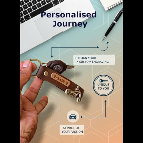 Image of Men's Leather Keychain Name Leather Keychain for Mens | Personalized Keychains with Printed Customized Keychains for Men | Customised Gift Set for Men with Name & Charm, Brown