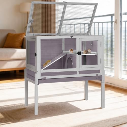 MEDEHOO Guinea Pig Cage Indoor, Rabbit Cage with Wooden Stand, Deep Pull-Out Tray & Chew-Proof Ramp, Two-Story Small Animal Habitat for Guinea Pigs, Hamsters & Rabbits-Grey