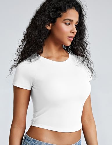 ZeroBound Built in Shelf Bra Crop Tops - Short Sleeve Y2k Tee for Women, Crew Neck Basic Casual Crop T Shirt3