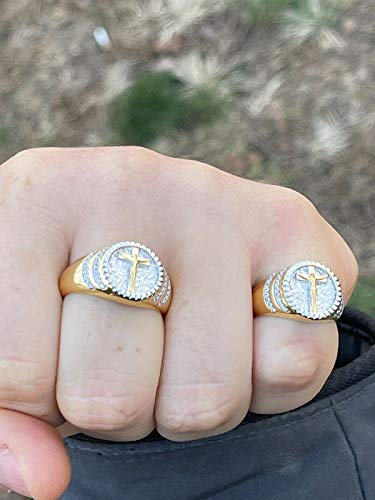 Men's Christian Ring - Two Tone Solid 925 Sterling Silver & 14k Yellow Gold Coin Ring - Plain Jesus On Cross Mens Nugget Ring - Sizes 6-133