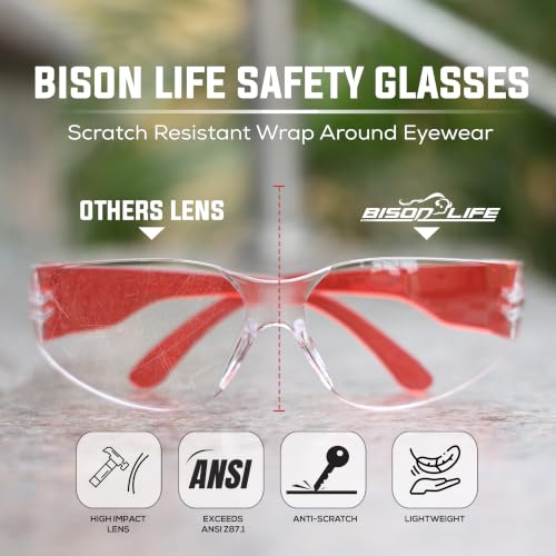 Image of BISON LIFE Clear Safety Glasses - ANSI Z87.1 Certified Scratch & Impact Resistant Eye Protection Goggles for Men & Women