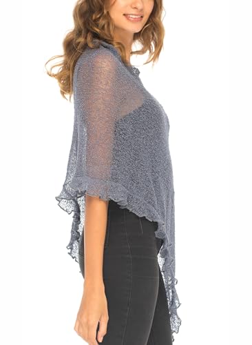 Image of SHU-SHI Women's Sheer Knit Poncho Shrug Lightweight Asymmetrical Ruffle Wrap Dressy Summer Shawl Cover Up Top