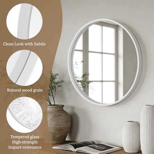 Image of WallBeyond Round Wood Mirror 24 inch Circle Wall Mirror for Bathroom Round Wall Mirror for Wall Decor, Vanity, Entryway Living Room (White)