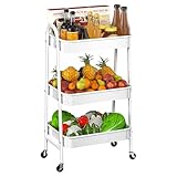 Homshsjhkis Carrito Auxiliar con Ruedas, Carro Cocina Metálica 3 Niveles, Verdulero Cocina con Ruedas Bloqueables, Móvil Multifuncional Carro Organizador para Baño, Cocina, Salón, Lavandería, Blanco