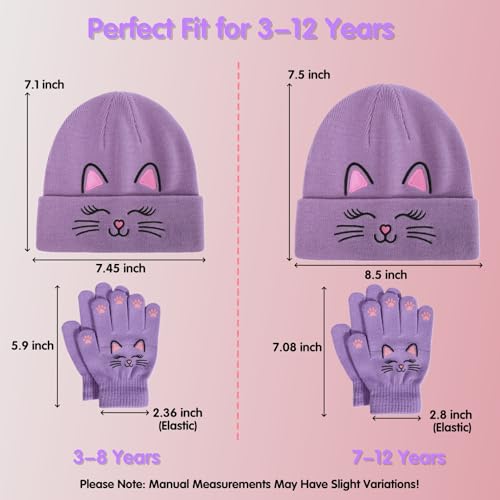 BEARAE Winter Beanie Hat Glove Set, Cute Cat Winter Hats with Gloves, Cold Weather Knitted Beanies Hats for Girls 3-12T3