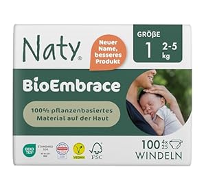 Naty BioEmbrace Neugeborenen Baby Windeln Größe 1 (2–5 kg) | 100% pflanzenbasierte Materialien auf der Haut | Atmungsaktive Weichheit, dermatologisch getestet, exzellente Saugkraft | 100 Stück