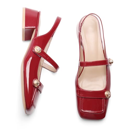 Image of Slingback Mary Jane Heels for Women Low Block Heel Closed Square Toe Pump Shoes Heels Classic Daily Office Dressy Shoes