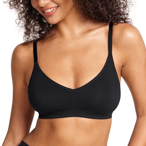 Image of Natrelax Modal Ribbed V Neck Bralette | Semi Sheer Fabric, Wireless Unlined, Double Layers, Adjustable Straps, No Underwire, Comfort Soft, Bras for Women