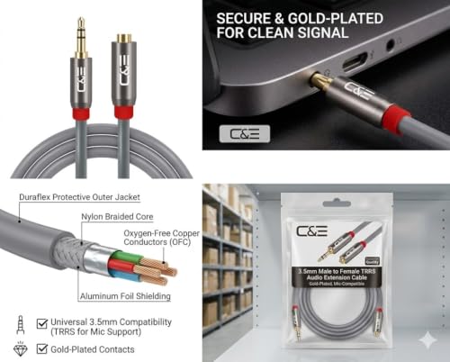 Image of C&E CNE62656 15 FT(4.5 M) 3.5mm Aux Male to Female Extension Stereo Audio Cable Grey (15 Feet /4.5 Meters) Compatible for iPhone, iPad or Smartphones, Tablets, Media Players (4 Pack)