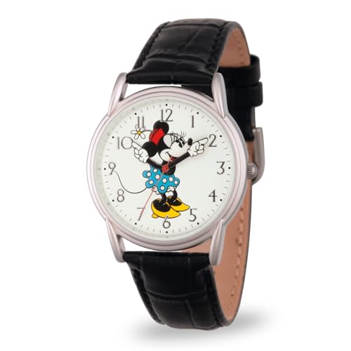 Minnie Mouse Watch for Women - Minnie Mouse Watches for Women Trendy Watch Elegant Watches Black Leather Strap Silver Case and Dial Stylish Toys