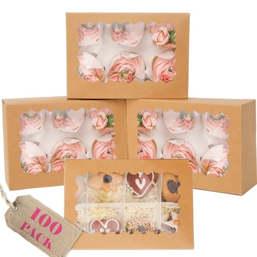 qiqee Auto-Pop Up Cupcake Boxes with Window - 100PCS Brown 6 Count Cupcake Carrier, 9.4"x6.1"x3" for Sweet Treats