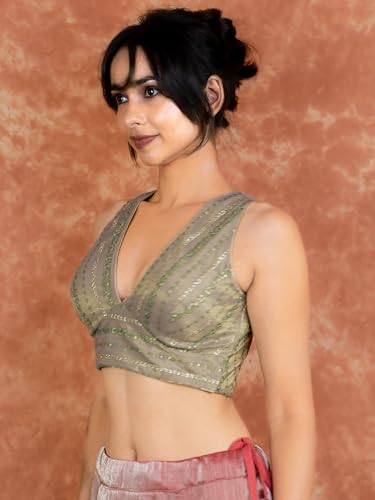 Image of FIGURE'S DESIGNER Women's Sequin Embroidered SabyaSachi Cut V Neck Sleeveless Readymade Saree Blouse E24