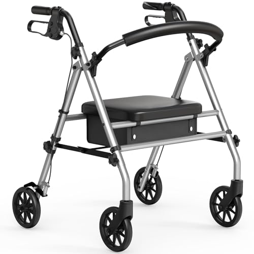 Luckfaith LR01 Folding Rollator Walker with Seat – Lightweight 4-Wheel Zimmer Frame with Storage Bag, Mobility Aid for Elderly & Disabled, Indoor & Outdoor Use, Grey