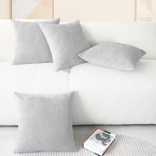 Image of CaliTime Throw Pillow Covers Decorative 18 X 18 Inches Pack of 4 Cozy Chenille Cushion Cases for Couch Sofa Bed Living Room Home Moonbeam Gray
