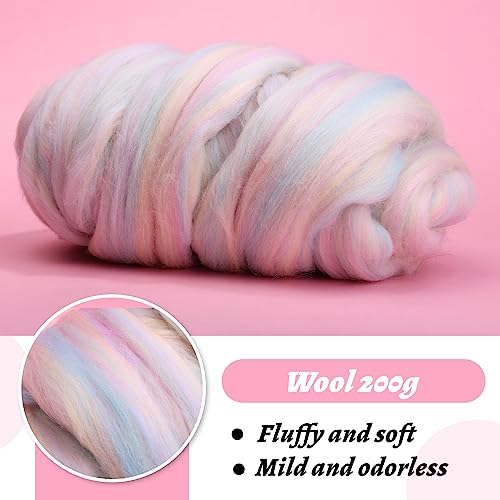 Image of Wool Roving 7.02oz Colored Natural Needle Felting Wool Bulk for Spinning, Arm Knitting Blanket, Wet Felting, handcrafts, Yarn Roving for DIY Craft Materials(Marshmallow Ombre)