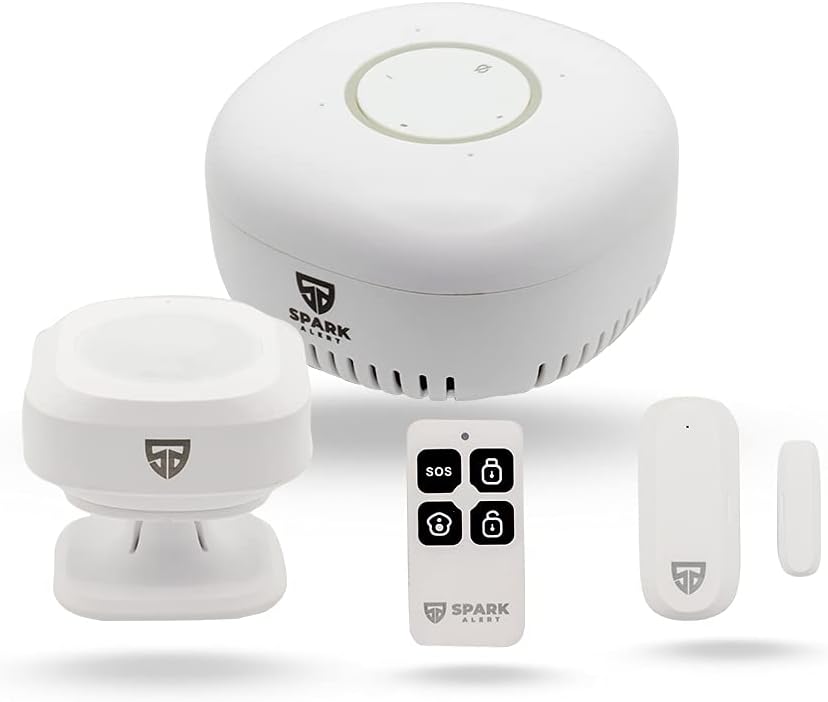 Starter Spark Alert Security Kit - 4 Piece Wireless Home Security System - Easy Setup - Optional 24/7 Professional Monitoring - No Contract - Alexa Built-in Hub