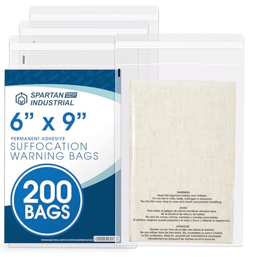 Spartan Industrial - 6” X 9” (200 Count) Self Seal Clear Poly Bags with Suffocation Warning for Packaging, Shipping - Permanent Adhesive